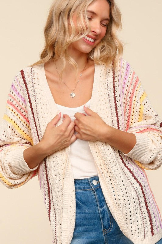 Haptics Full Size Striped Crochet Open Front Cardigan